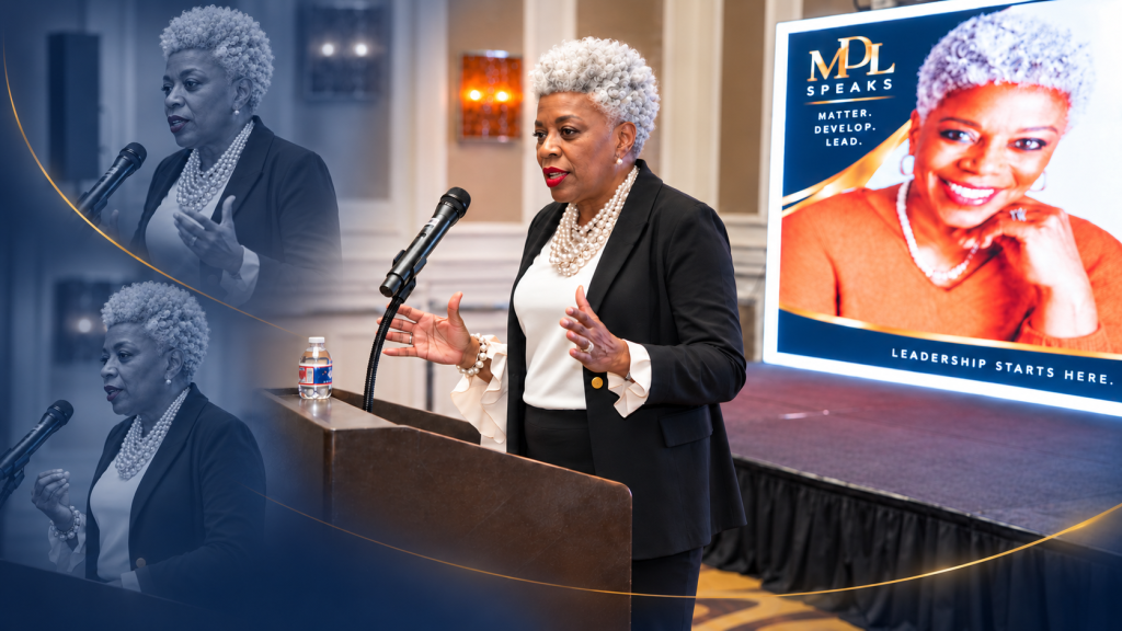 Collage of Marilyn Drew-Long speaking at a leadership conference, with an MDL Speaks portrait on screen
